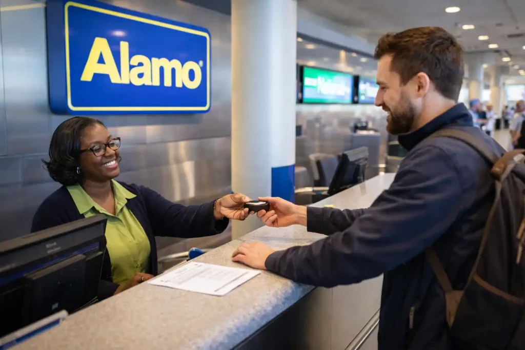 Alamo rental cars lined up at an international airport parking area