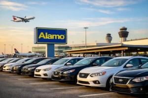 Traveler picking up rental car at airport counter