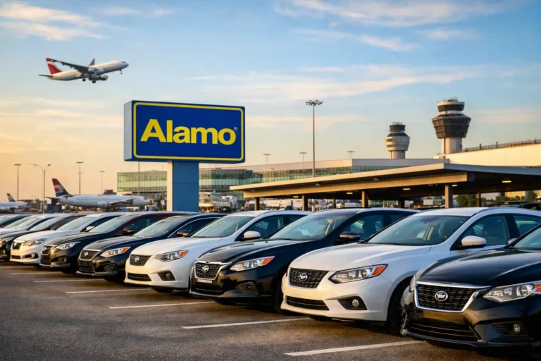 Traveler picking up rental car at airport counter