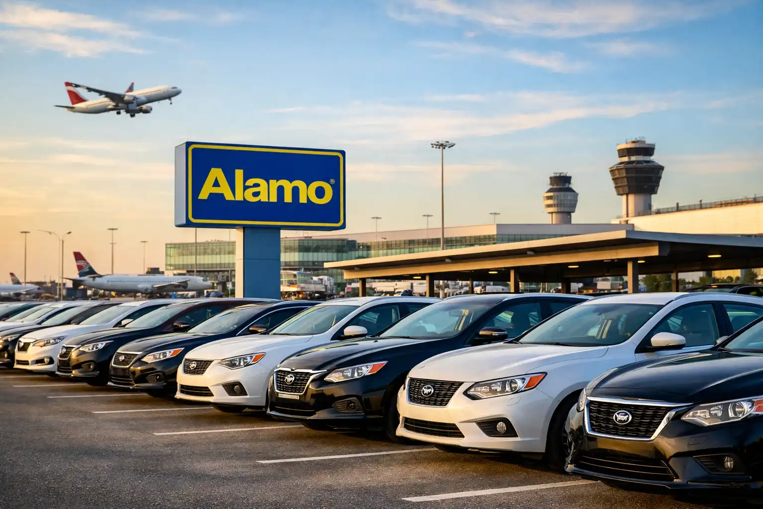 Traveler picking up rental car at airport counter